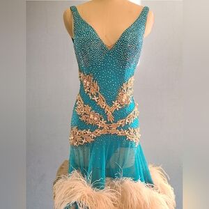 Artistry In Motion Blue and Gold Rhythm/Latin Ballroom Dress with Feather Trim